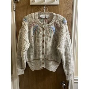Vintage Liz Claiborne Hand Knit Wool Button-up Sweater Pastel Designs Grandma L